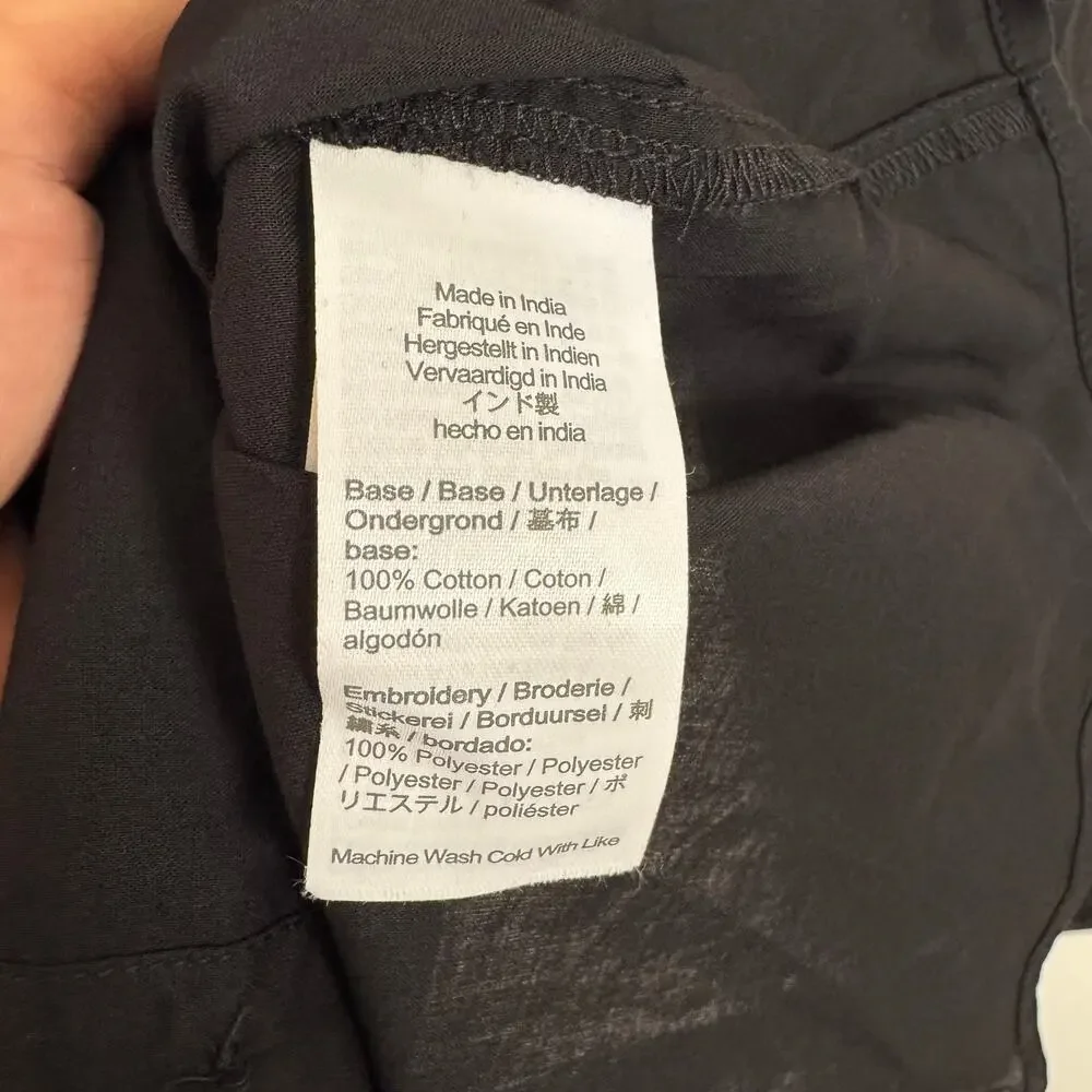 J.Crew Eyelet-Sleeve Button-Front Top Womens L Black Cotton Embroidered Crewneck